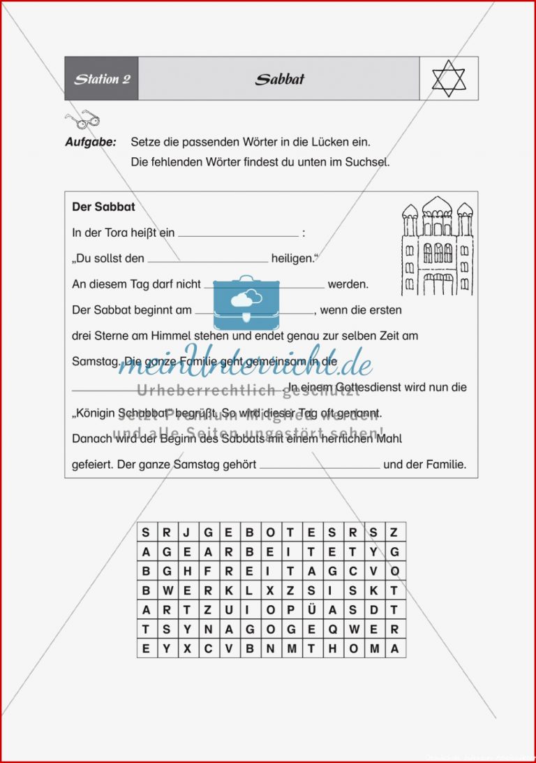 Das Judemtum Die Bedeutung des Sabbat ein Lückentext