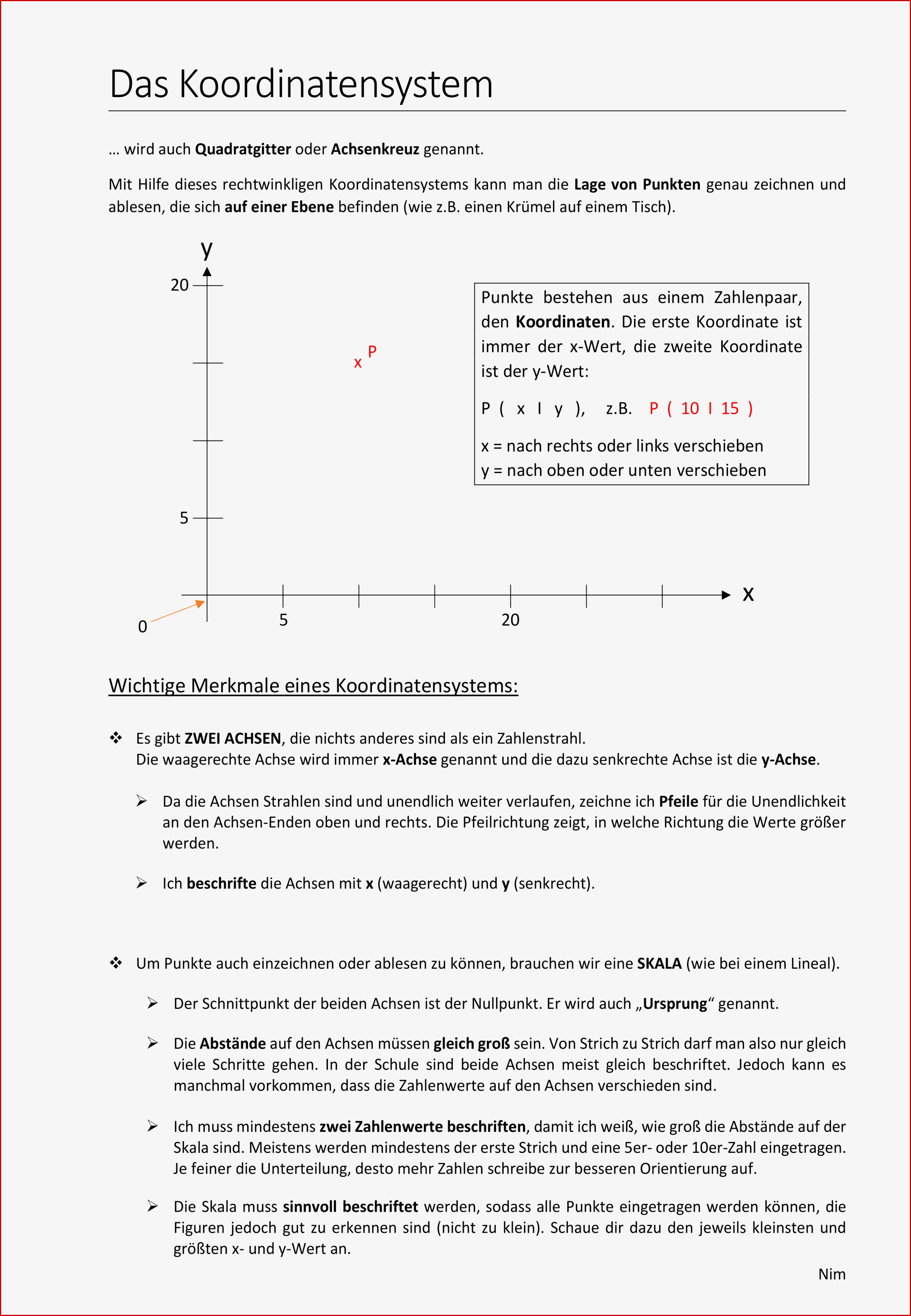 Das Koordinatensystem Ein Merkblatt