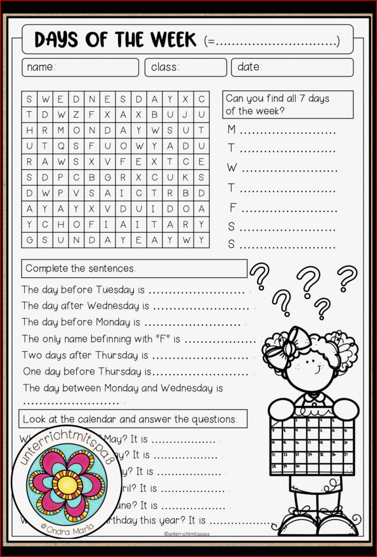 Days Of the Week Worksheet – Unterrichtsmaterial Im Fach