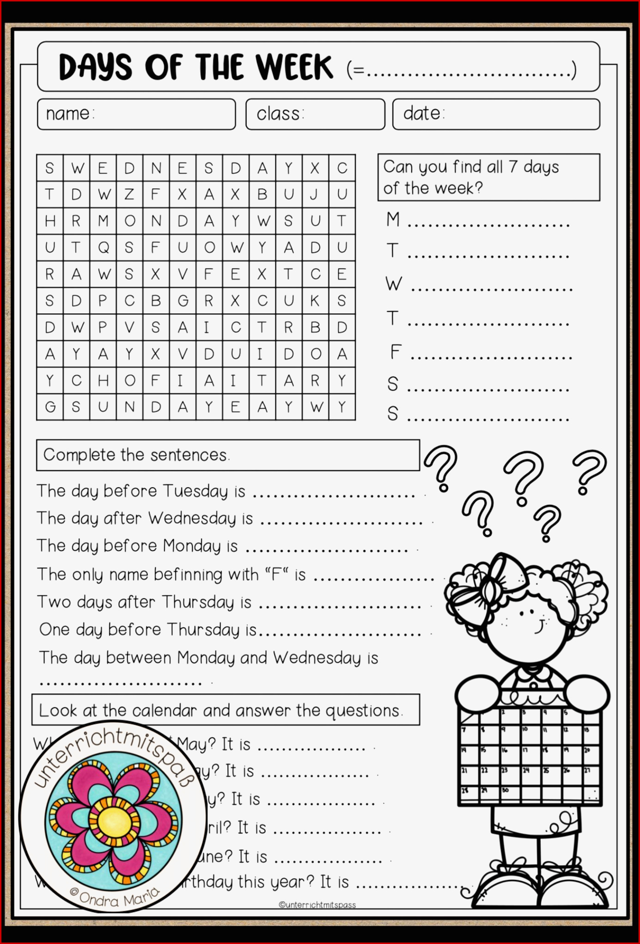Days Of the Week Worksheet – Unterrichtsmaterial Im Fach