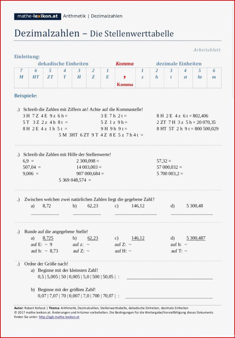 Dezimalzahlen Die Stellenwerttabelle