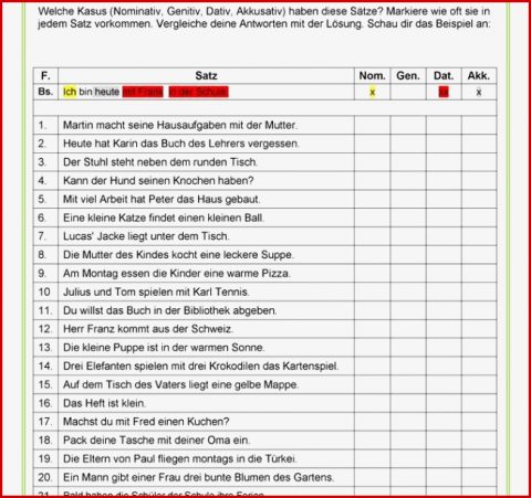 Die 4 Fälle Arbeitsblätter Worksheets