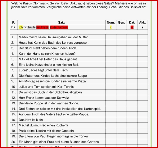 Die 4 Fälle Arbeitsblätter Worksheets