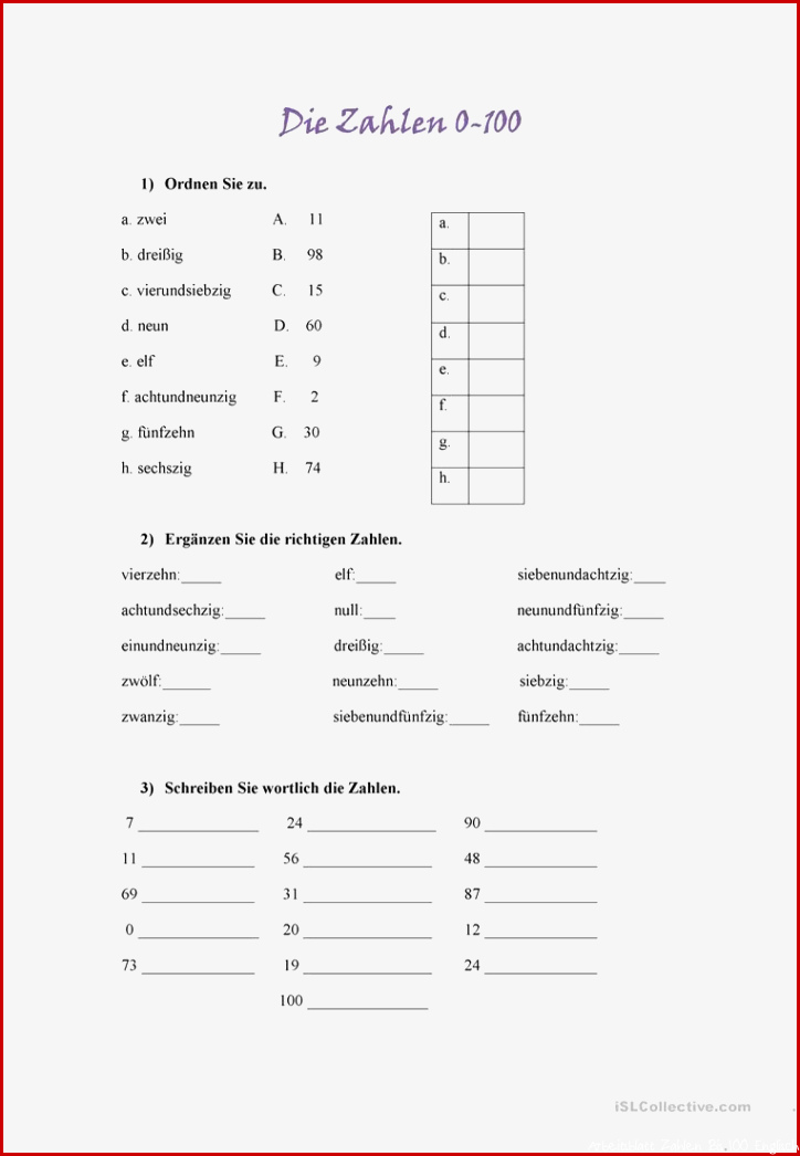 Die Zahlen 0 100 Übungen Arbeitsblatt Kostenlose DAF