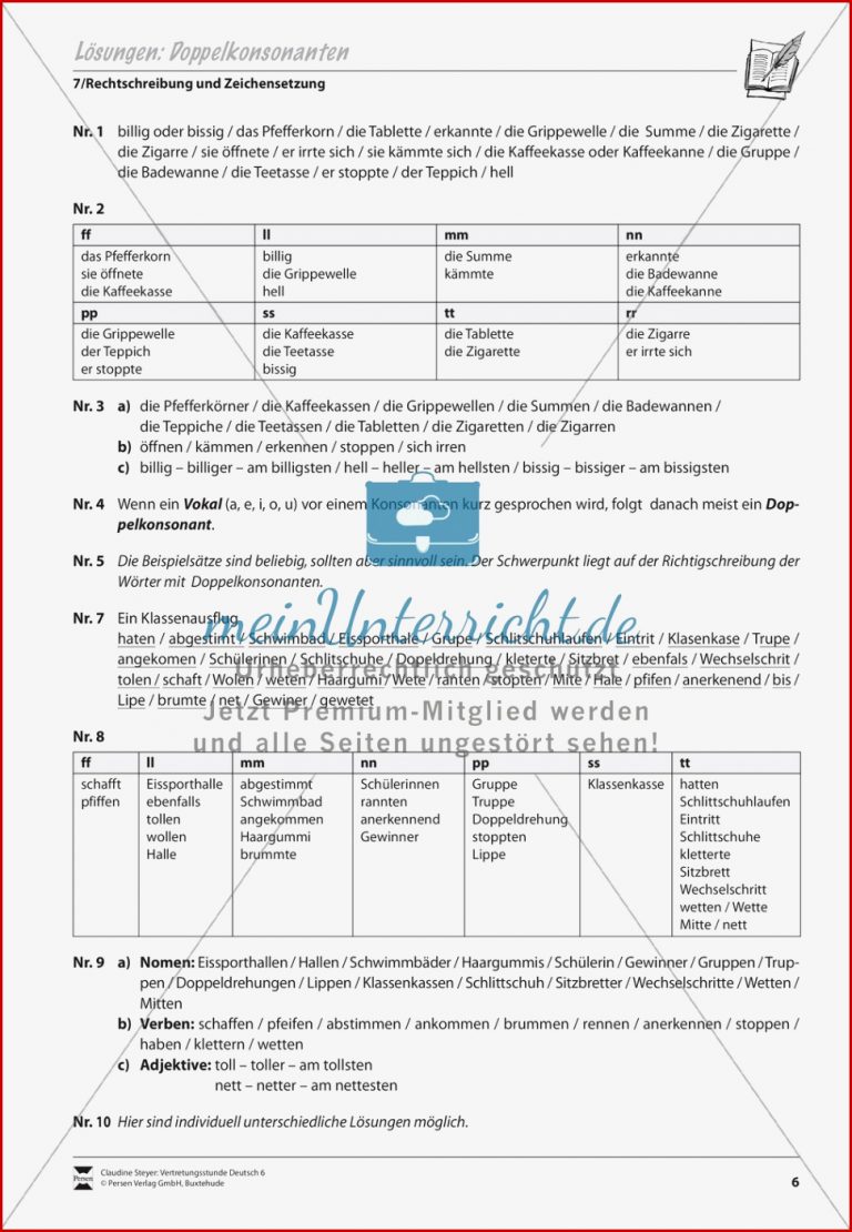 Doppelkonsonanten Übungen Und Lösung Meinunterricht