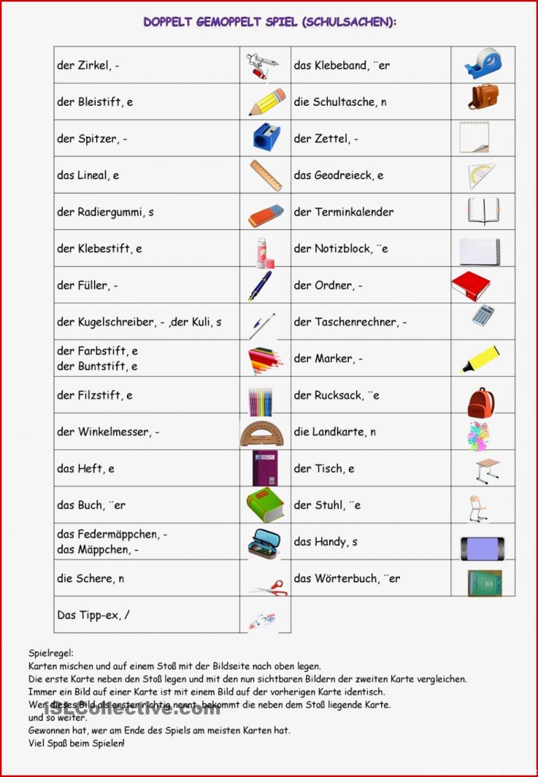 Doppelt gemoppelt Schulsachen Wortliste