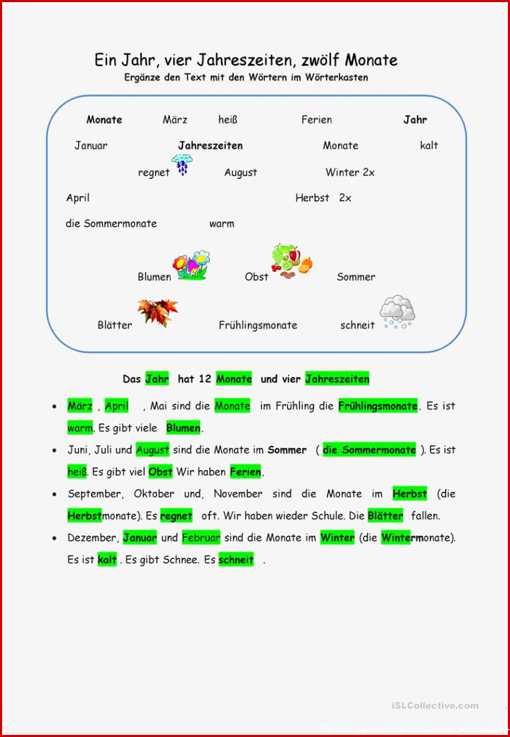 Ein Jahr vier Jahreszeiten zwölf Monate Arbeitsblatt