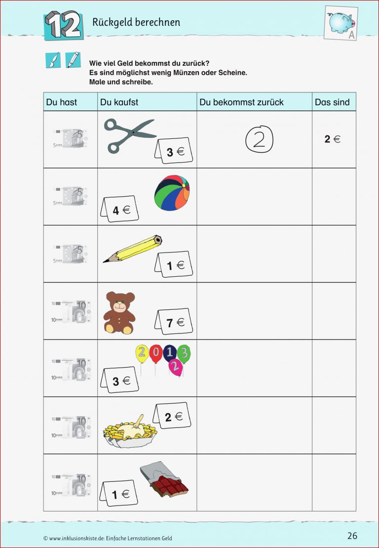 Einfache Lernstation Geld – Rückgeld berechnen