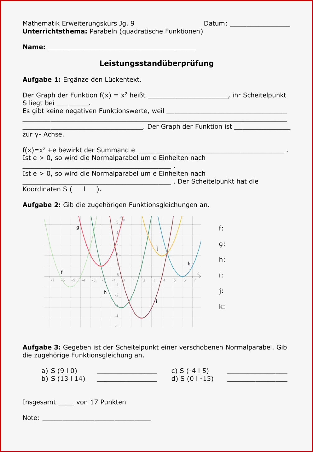Einführung Quadratische Funktionen Arbeitsblatt Einf Rung
