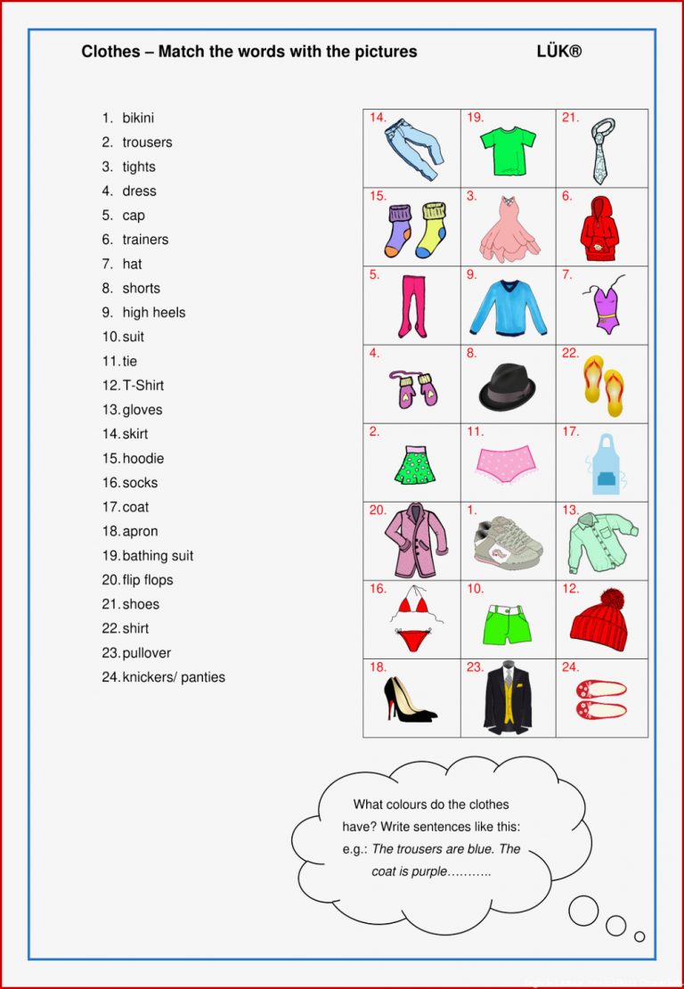 Englisch Clothes Arbeitsblätter Worksheets