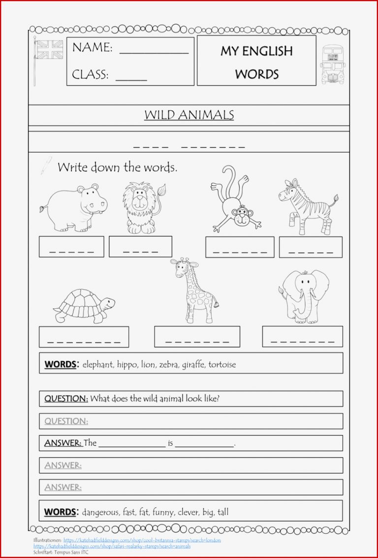 Englisch wild animals Wörterbuch – Unterrichtsmaterial