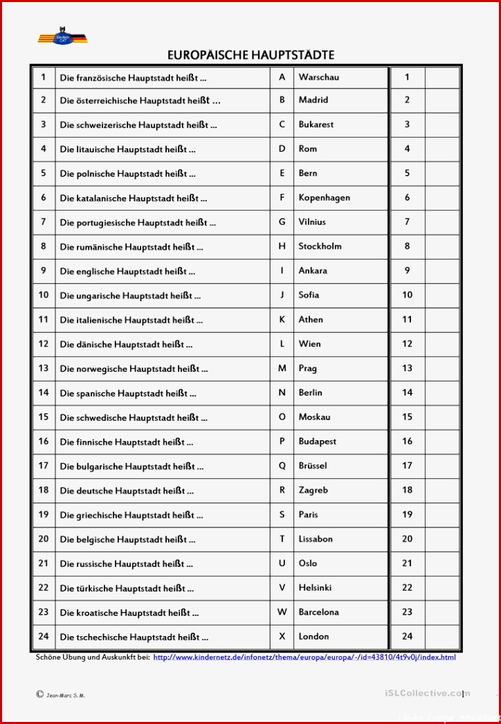 Europäische Länder Und Hauptstädte Zum Ausdrucken