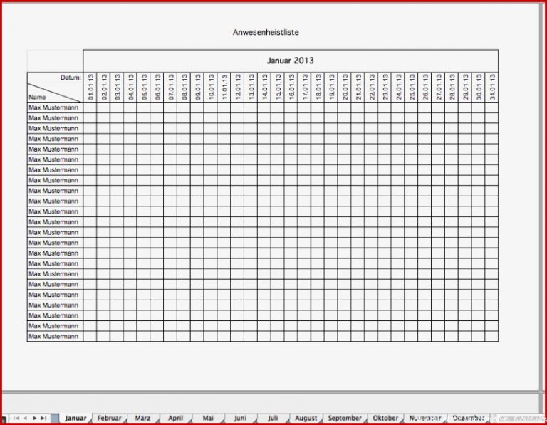 Excel Vorlage Anwesenheitsliste Kostenlos