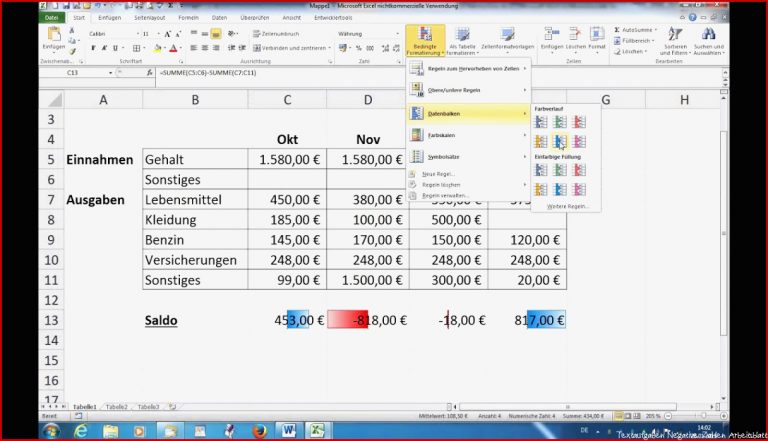 Excel Wunschkonzert 003 Negative Zahlen werden rot