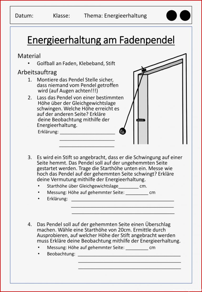 Fadenpendel Energieerhaltung – Unterrichtsmaterial Im Fach