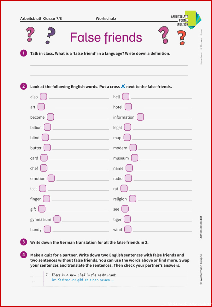 False friends Englisch Arbeitsblatt zu 