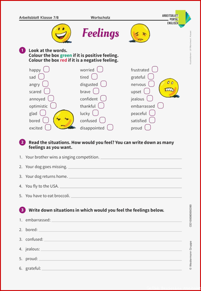 Feelings Englisch Arbeitsblatt zum Wortfeld Gefühle