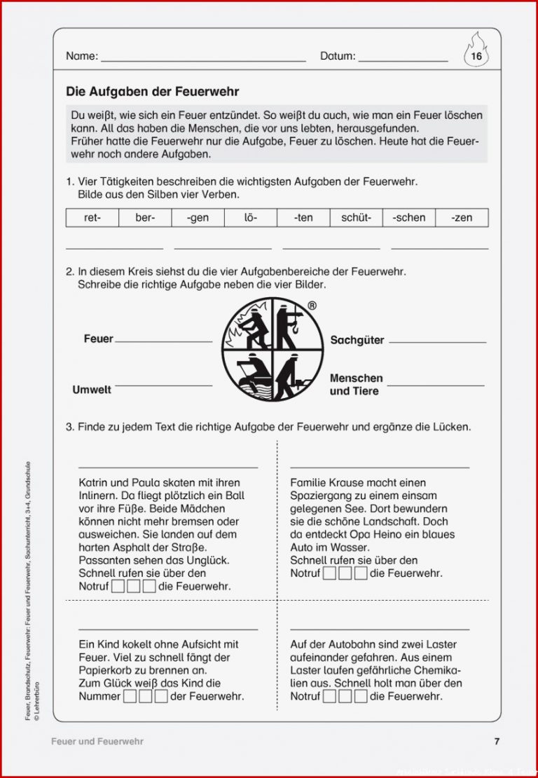 Feuer Grundschule Arbeitsblätter Worksheets