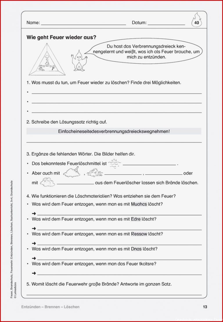 Feuer Grundschule Arbeitsblätter Worksheets