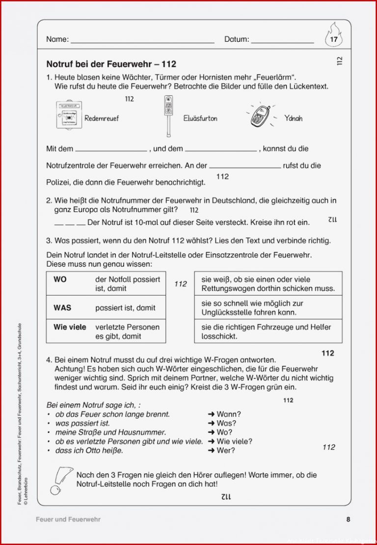 Feuerwehr Arbeitsblätter · Lehrerbüro