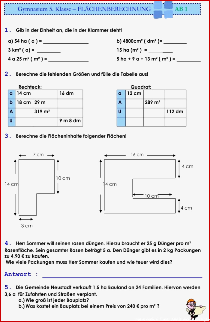 Flächenberechnung 6 Klasse Arbeitsblätter Mit Lösungen