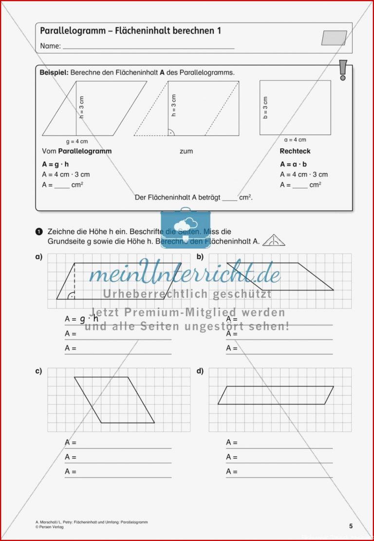 Flächeninhalt Und Umfang Das Parallelogramm Meinunterricht