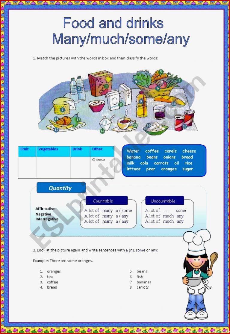 Food and Drinks Manymuchsomeany Esl Worksheet by Vand