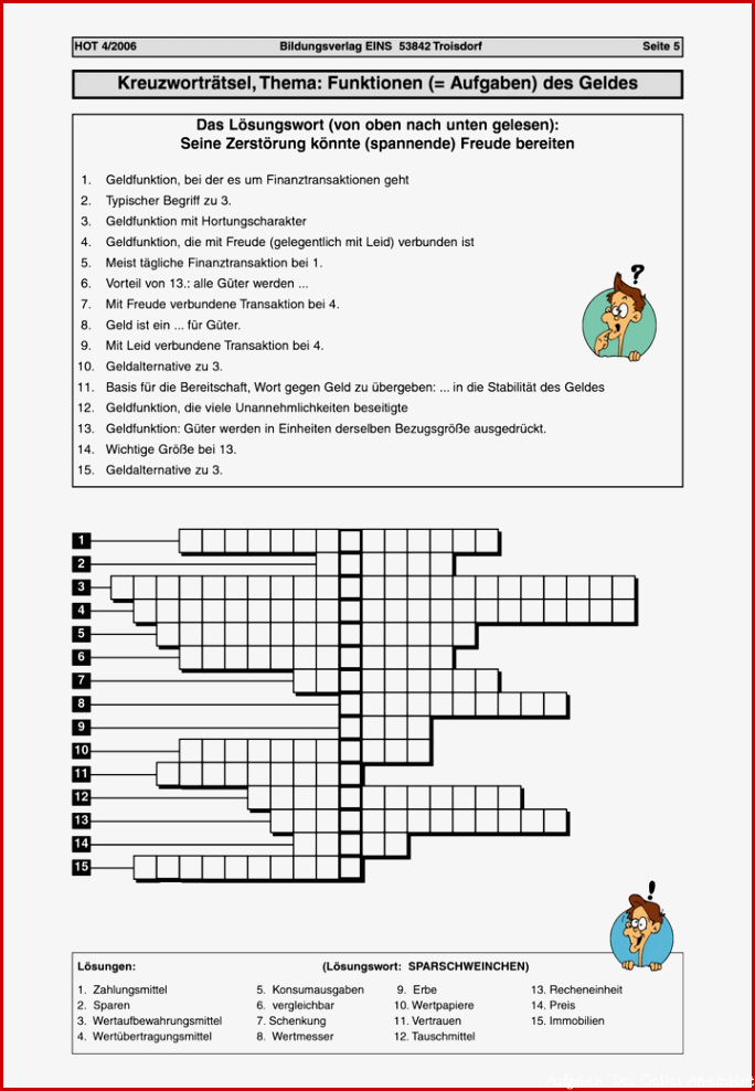 Funktionen = Aufgaben des Geldes Kreuzworträtsel