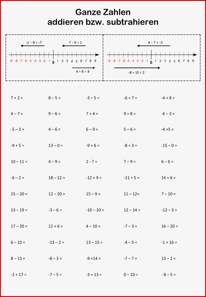 Ganze Zahlen Ad Ren Bzw Subtrahieren Mit Negativen