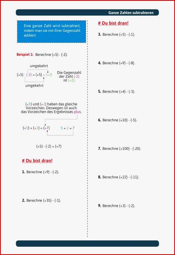 Ganze Zahlen Subtrahieren – Unterrichtsmaterial Im Fach