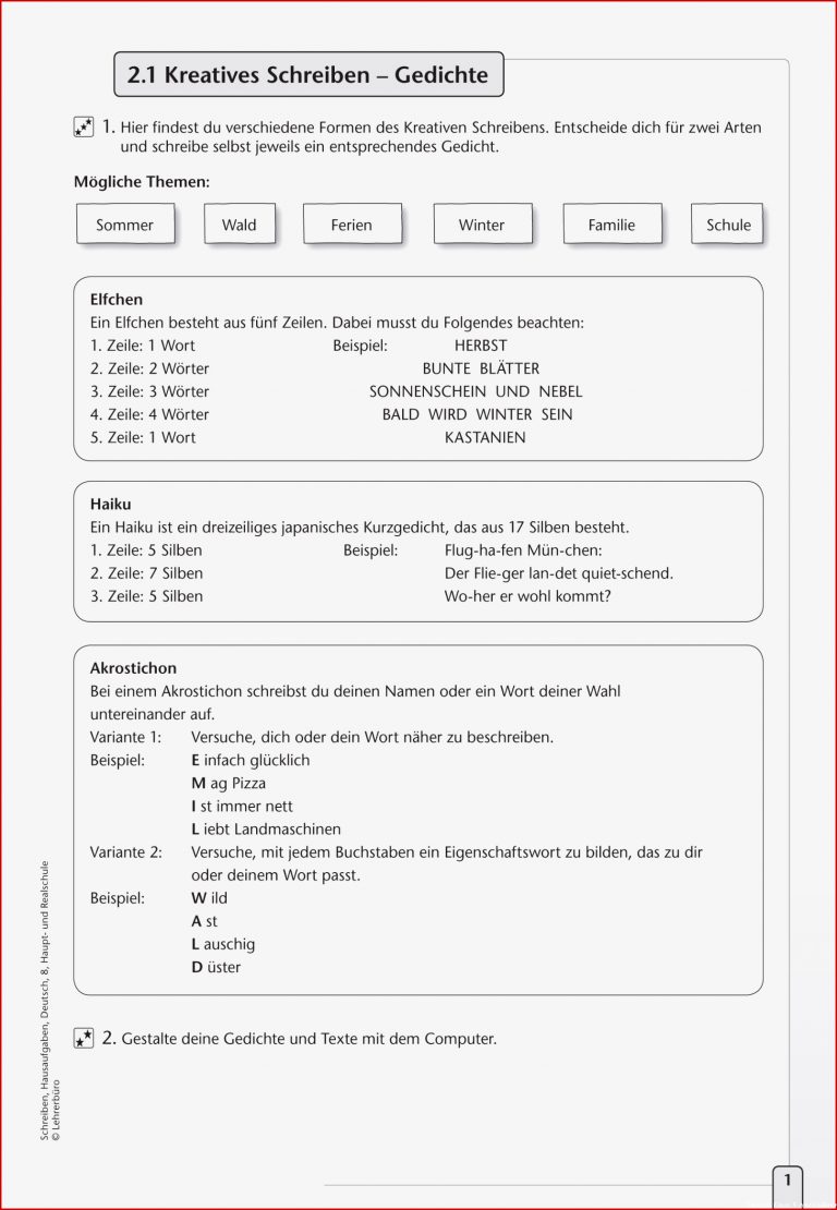 Gedichte 8 Klasse Beispiele