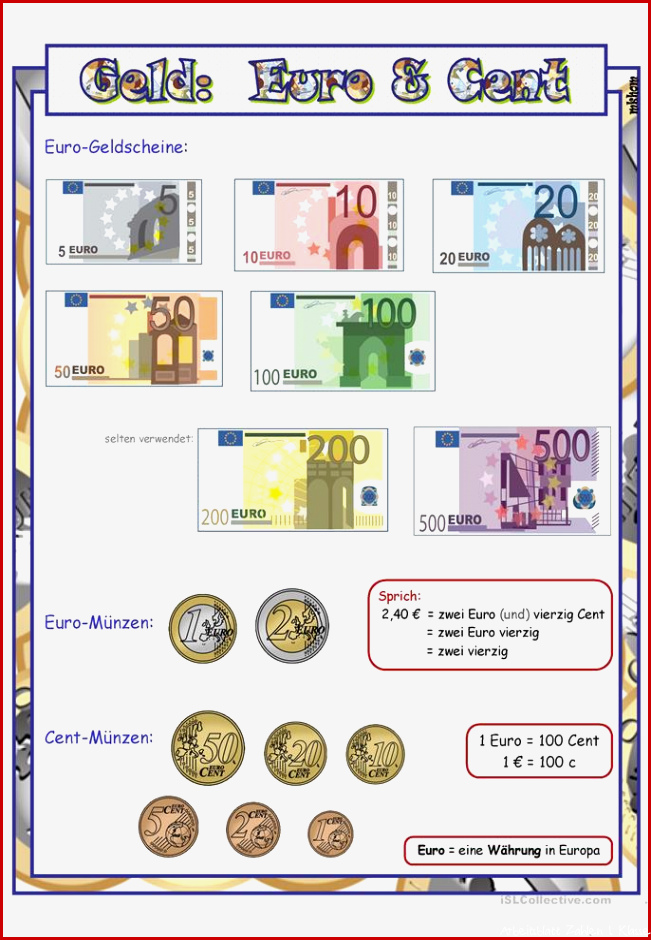 Geld Euro & Cent Lernposter Arbeitsblatt Kostenlose