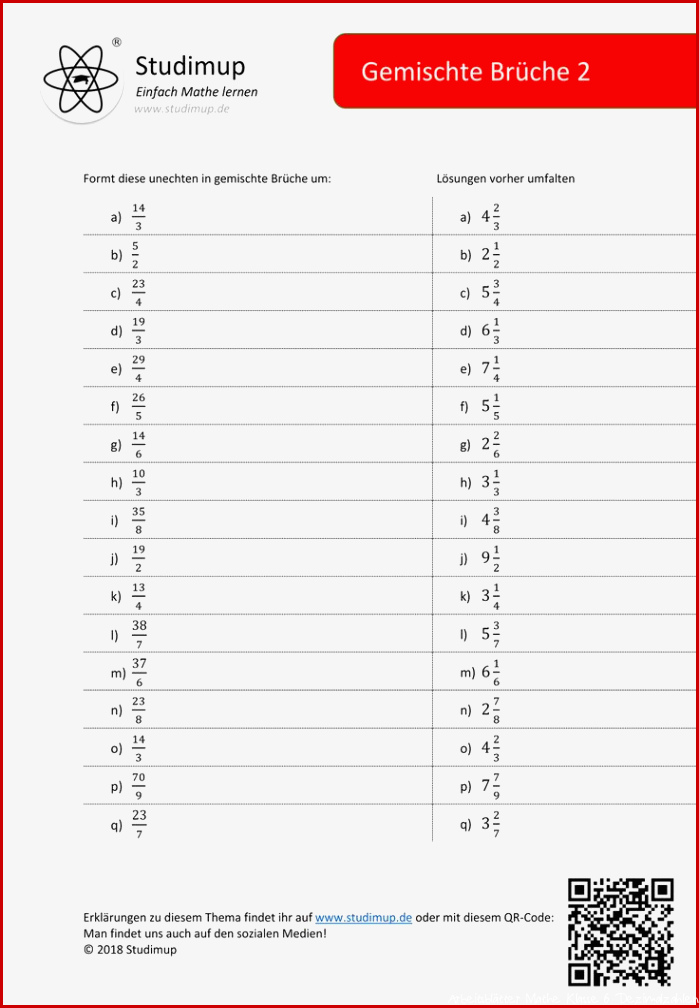 Gemischte Brüche umwandeln 2 Faltblatt Übungsblatt