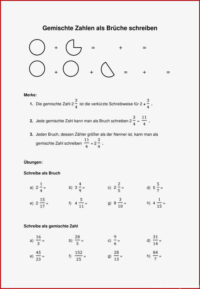Gemischte Zahlen als Brüche schreiben
