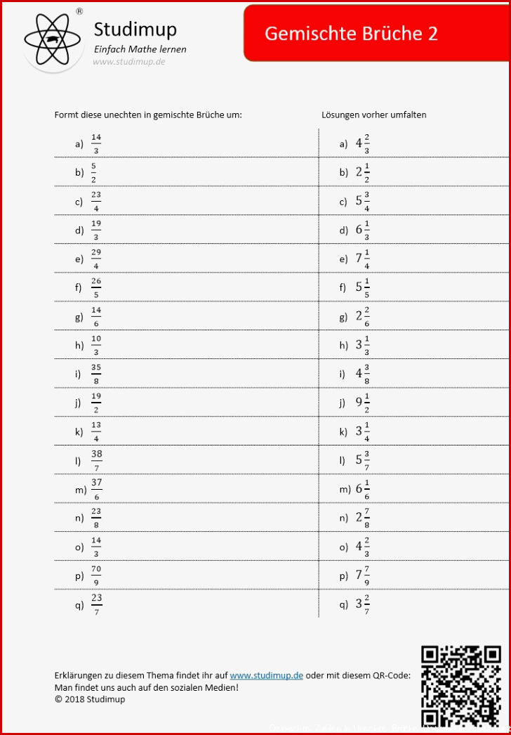 Gemischte Zahlen Arbeitsblatt