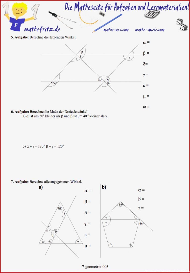 Geometrie Klasse 7 Arbeitsblatt von Mathefritz