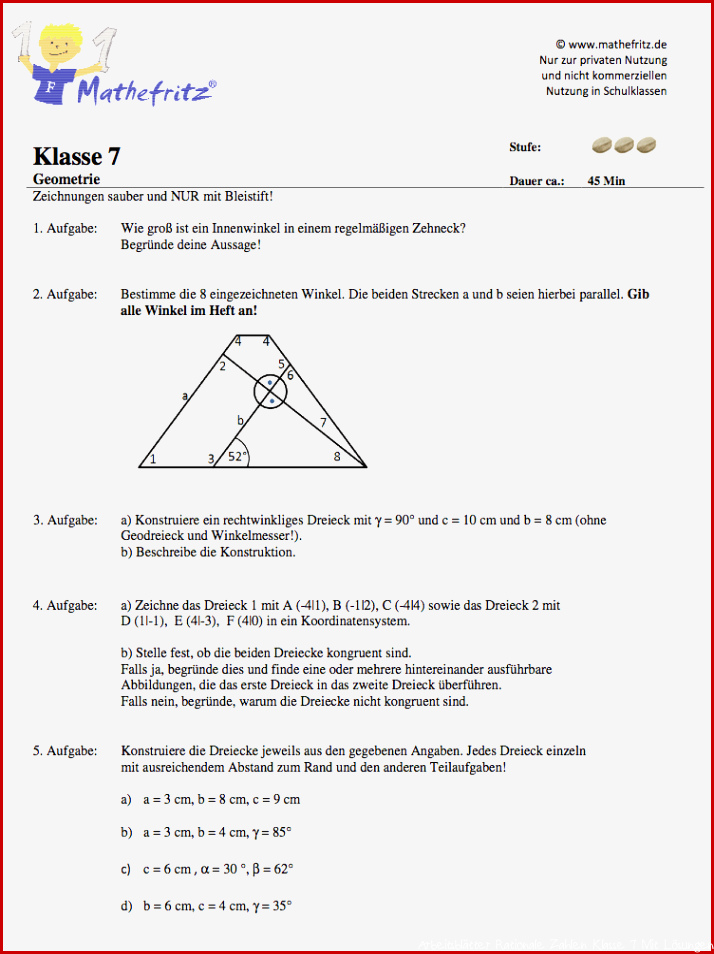 Geometrie Klassenarbeit Klasse 7 Dreiecke SSW SWS WSW