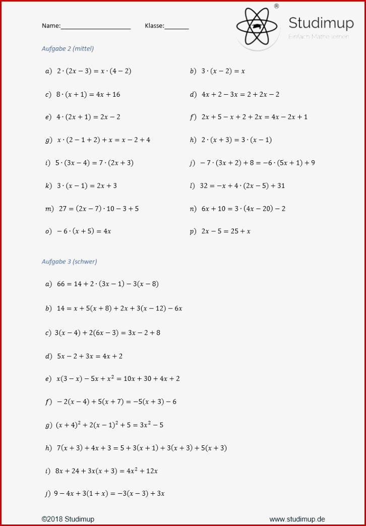 Gleichungen Lösen Klasse 7 Arbeitsblätter Worksheets
