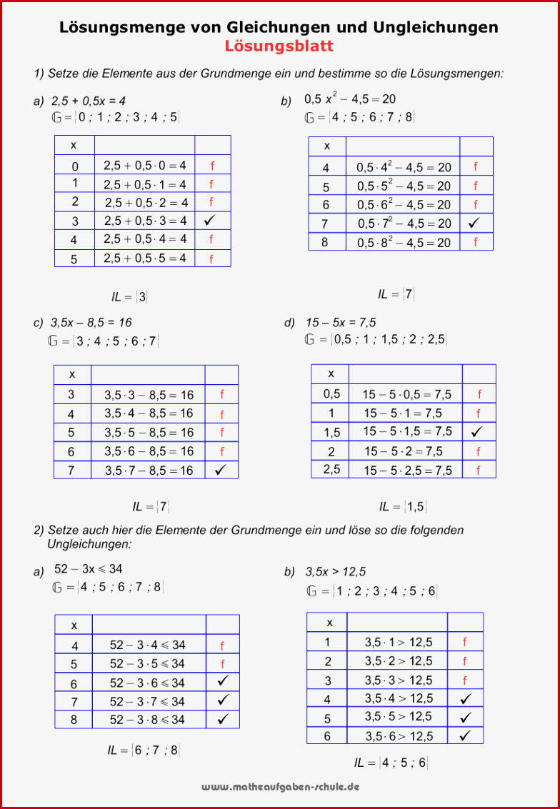 Gleichungen Übungen Schulaufgaben