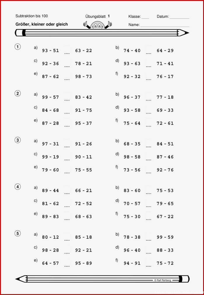 Größer kleiner oder gleich Subtraktion bis 100