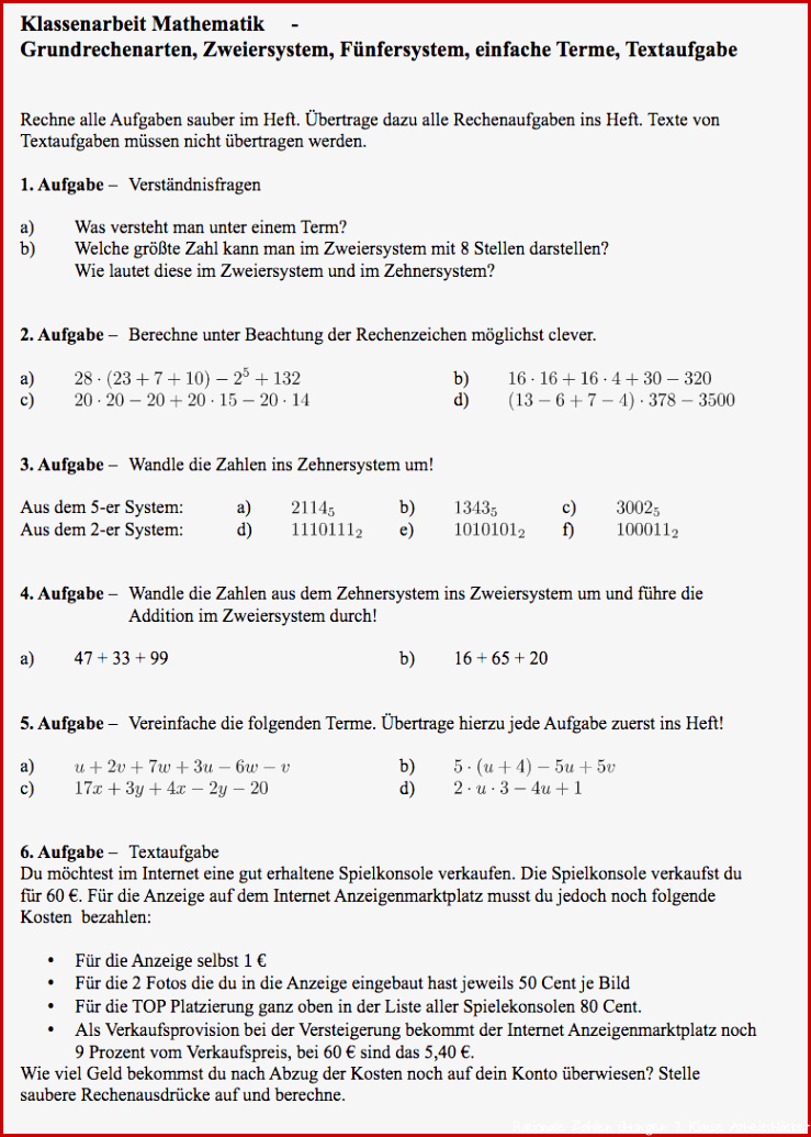 Grundrechenarten Aufgaben