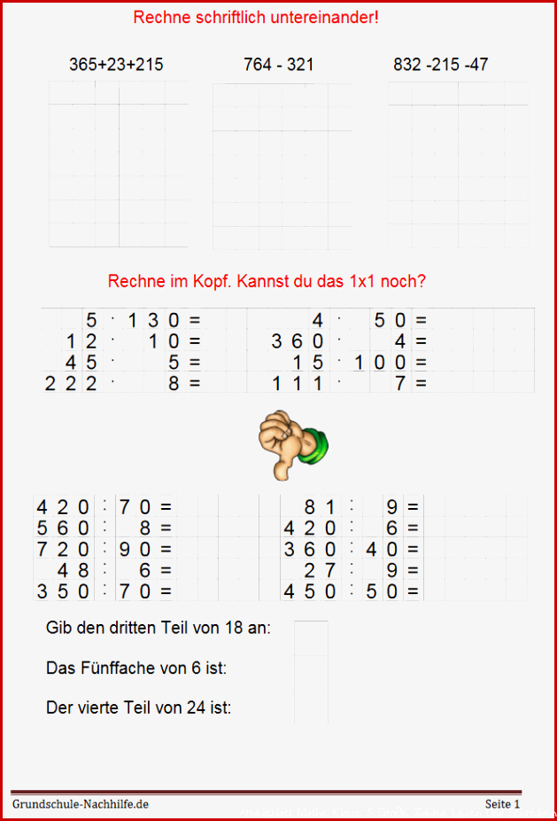 Grundschule-Nachhilfe.de | Arbeitsblatt Nachhilfe Mathe Klasse 3,4 ...