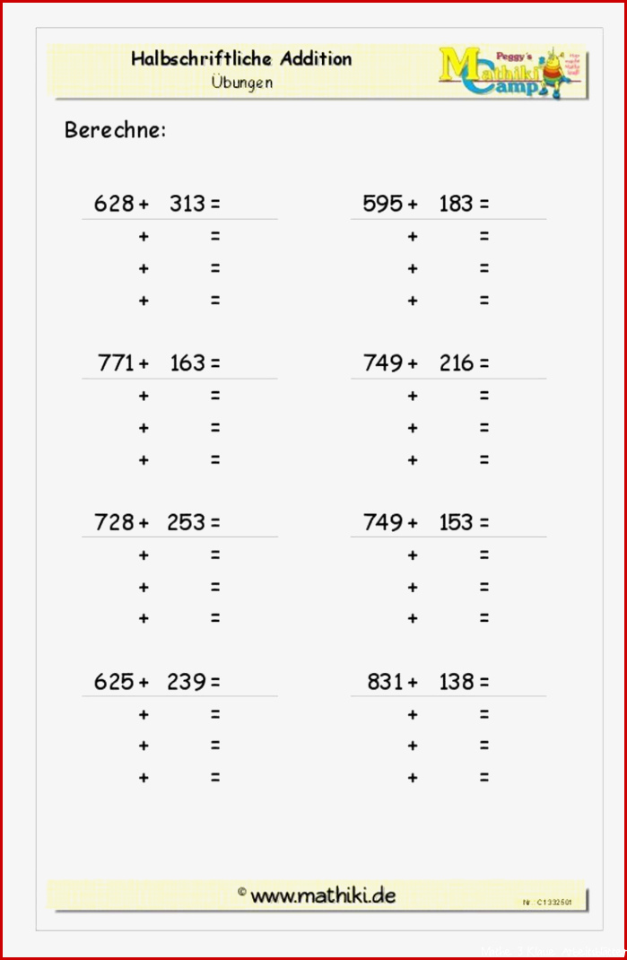 Halbschriftliche Addition Klasse 3 mathiki