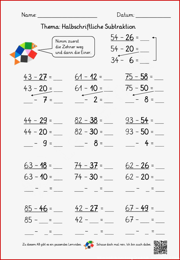 Halbschriftliche Subtraktion in Klasse 2 mit Lernvideo