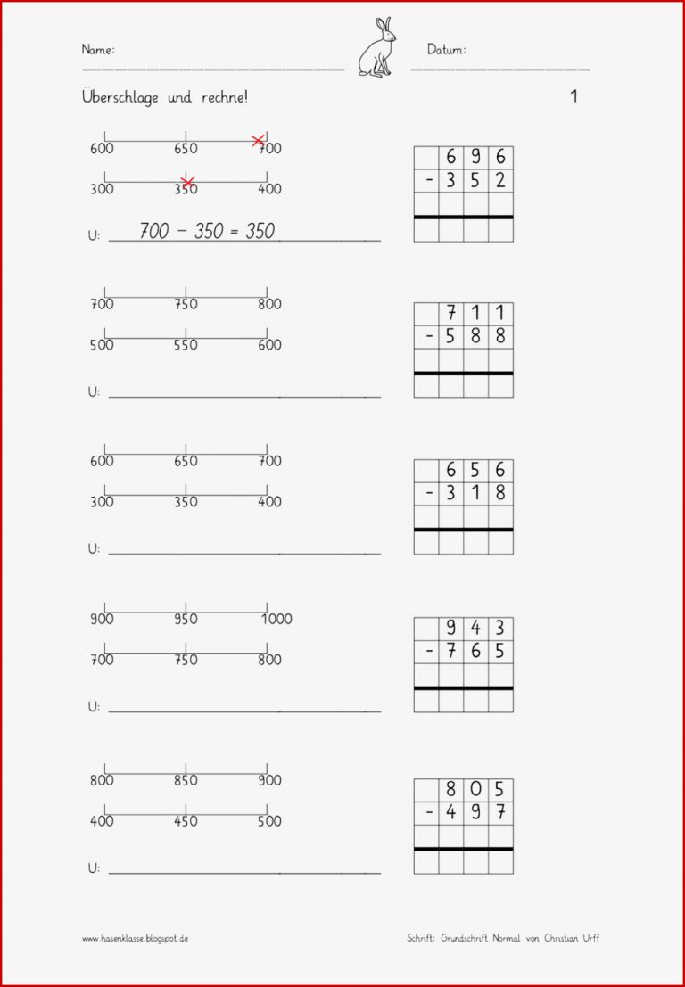 Hasenklasse Überschlagen Bei Schriftlicher Subtraktion