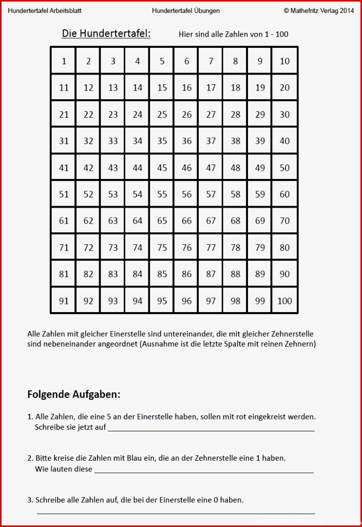 Hundertertafel zum ausdrucken