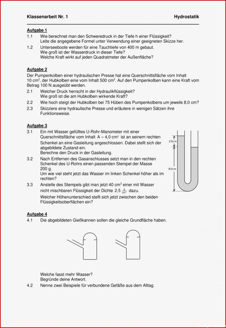 Hydrostatik 6 Ka Mit Lösungswegen – Unterrichtsmaterial