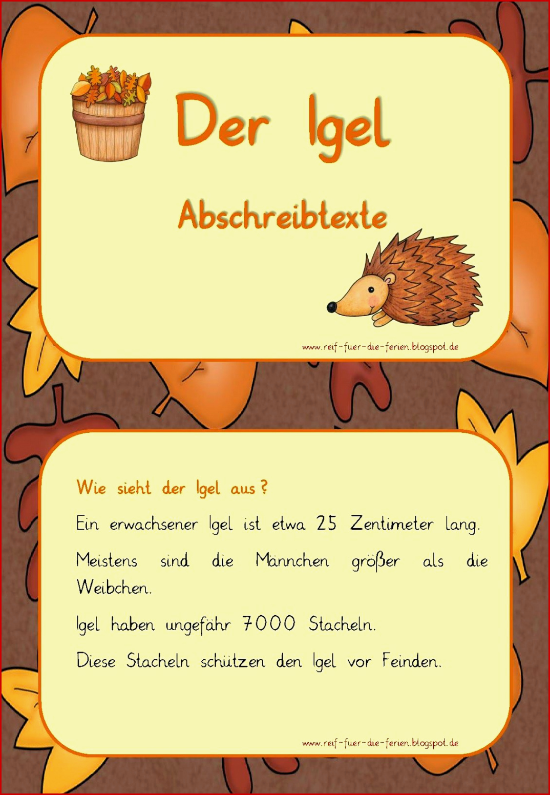 Igel Abschreibtexte In Grundschrift