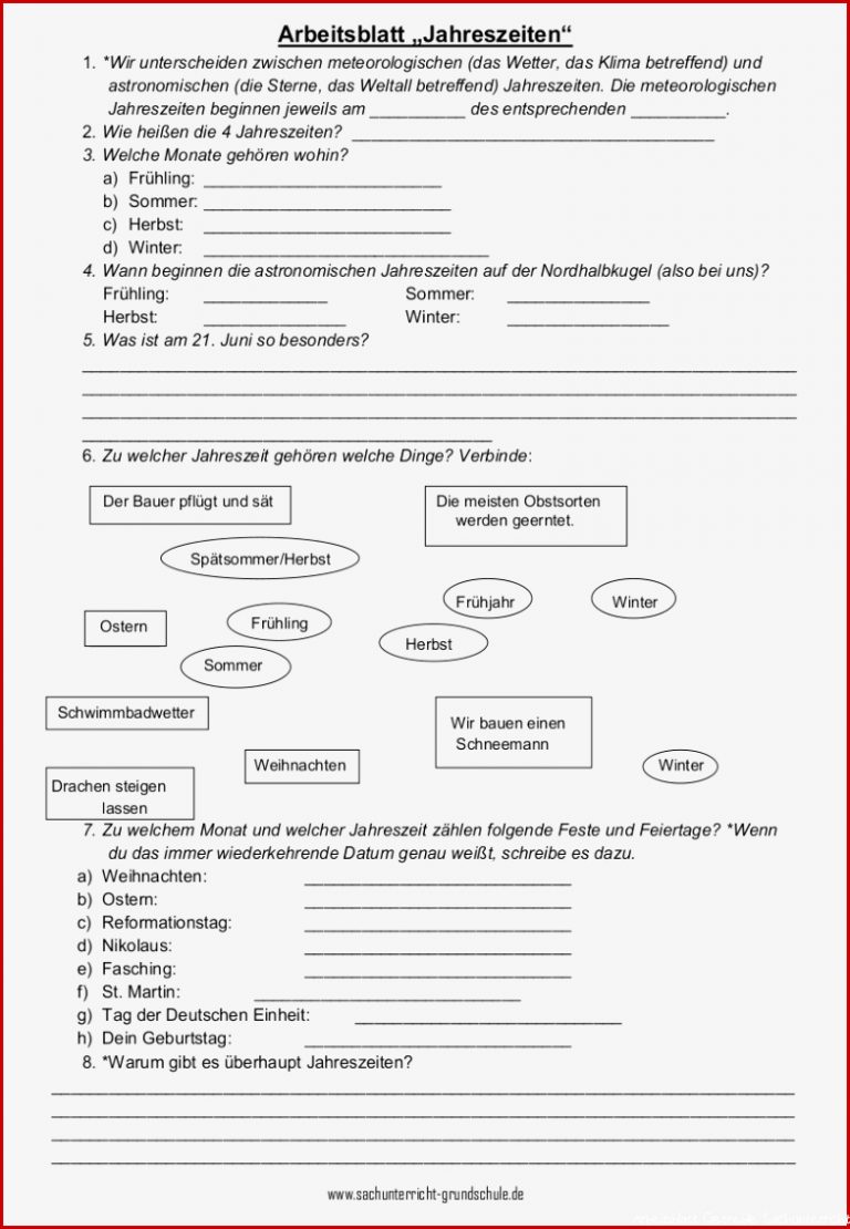 Jahreszeiten Arbeitsblatt Sachunterricht