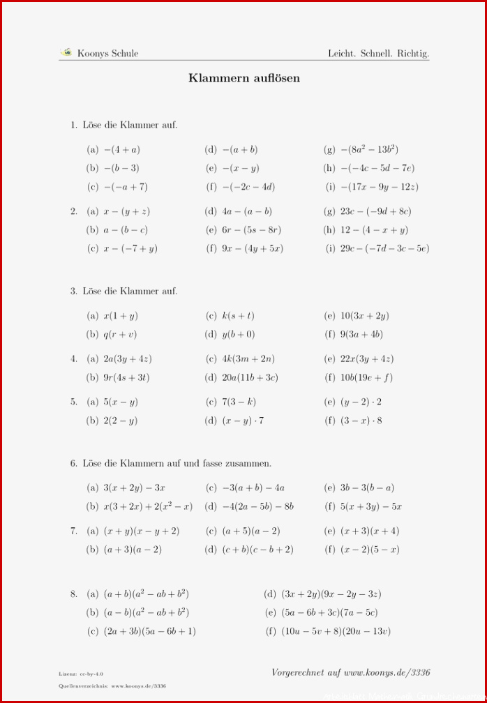 Klammern auflösen Arbeitsblatt 3336